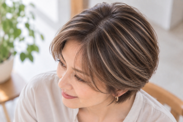 明るい毛束を入れて白髪をなじませるイメージ